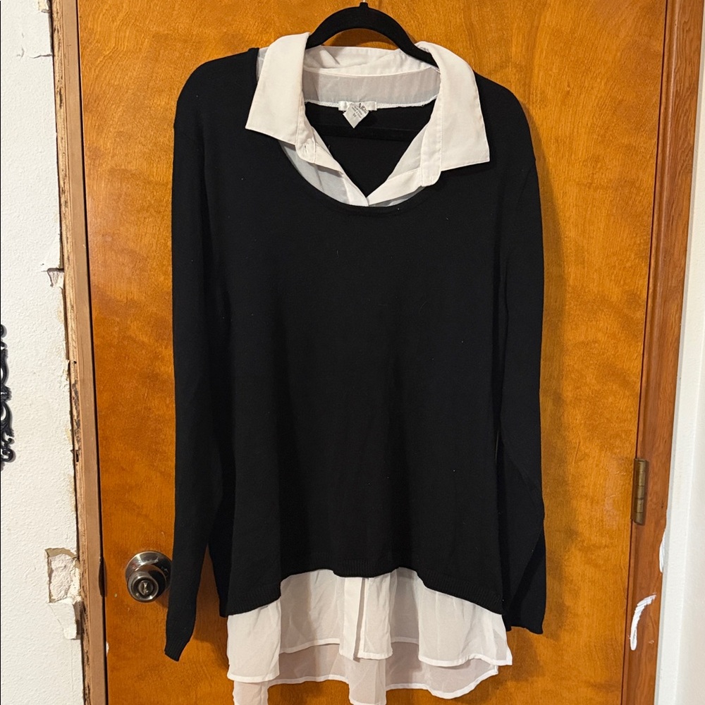 Layered Black Sweater with White Shirt Hem - Women's Cardigan Style